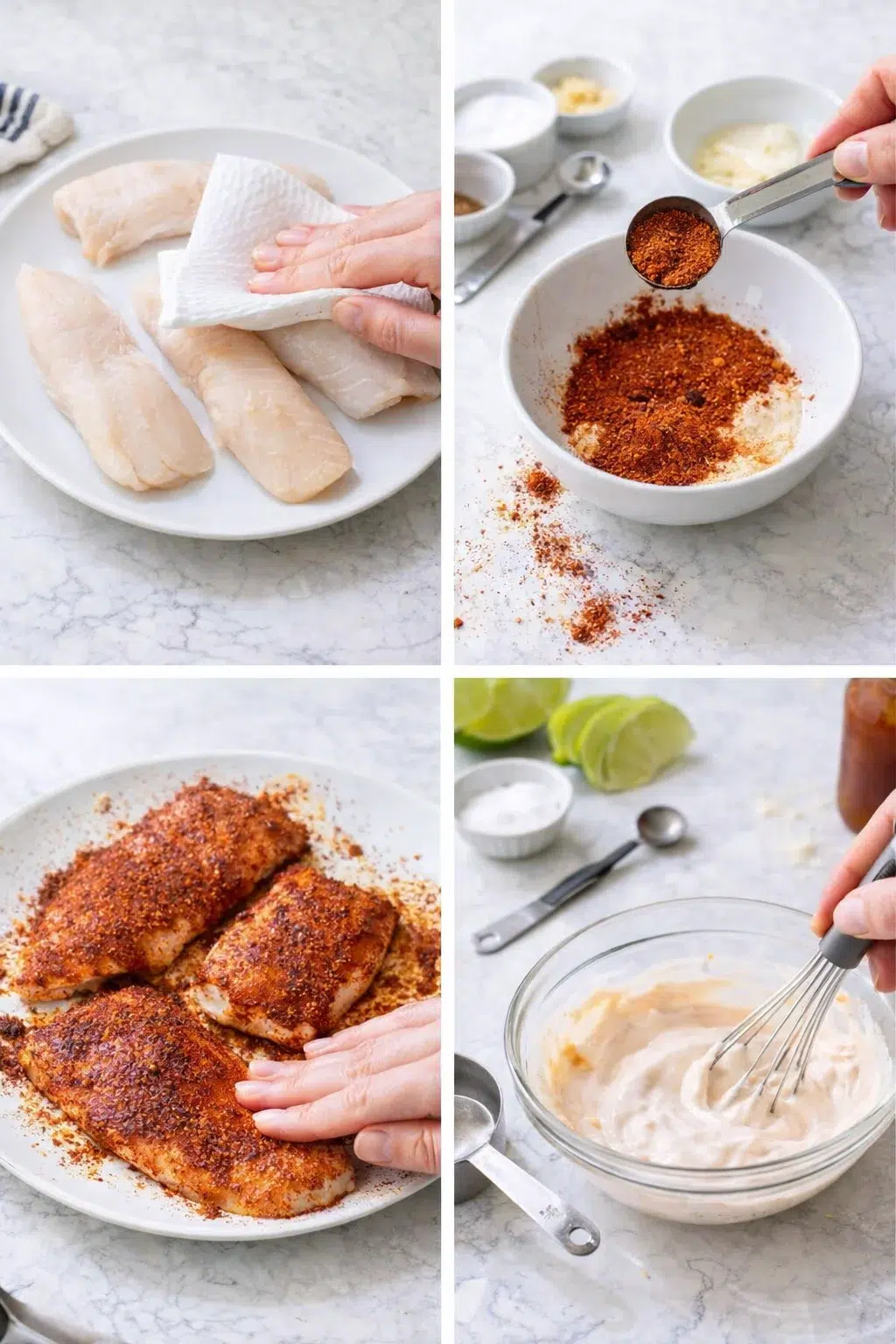 collage of chicken breasts with paper towel, chili seasoning bowl, seasoned chicken, and whisk mixing sauce