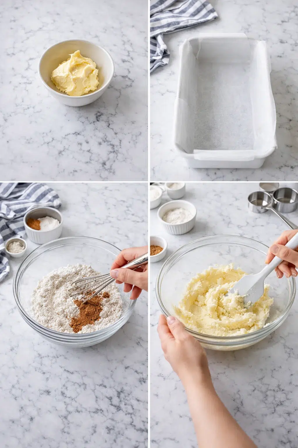 Four-panel collage: butter in a bowl, lined pan, dry ingredients, and creamed butter mixture.