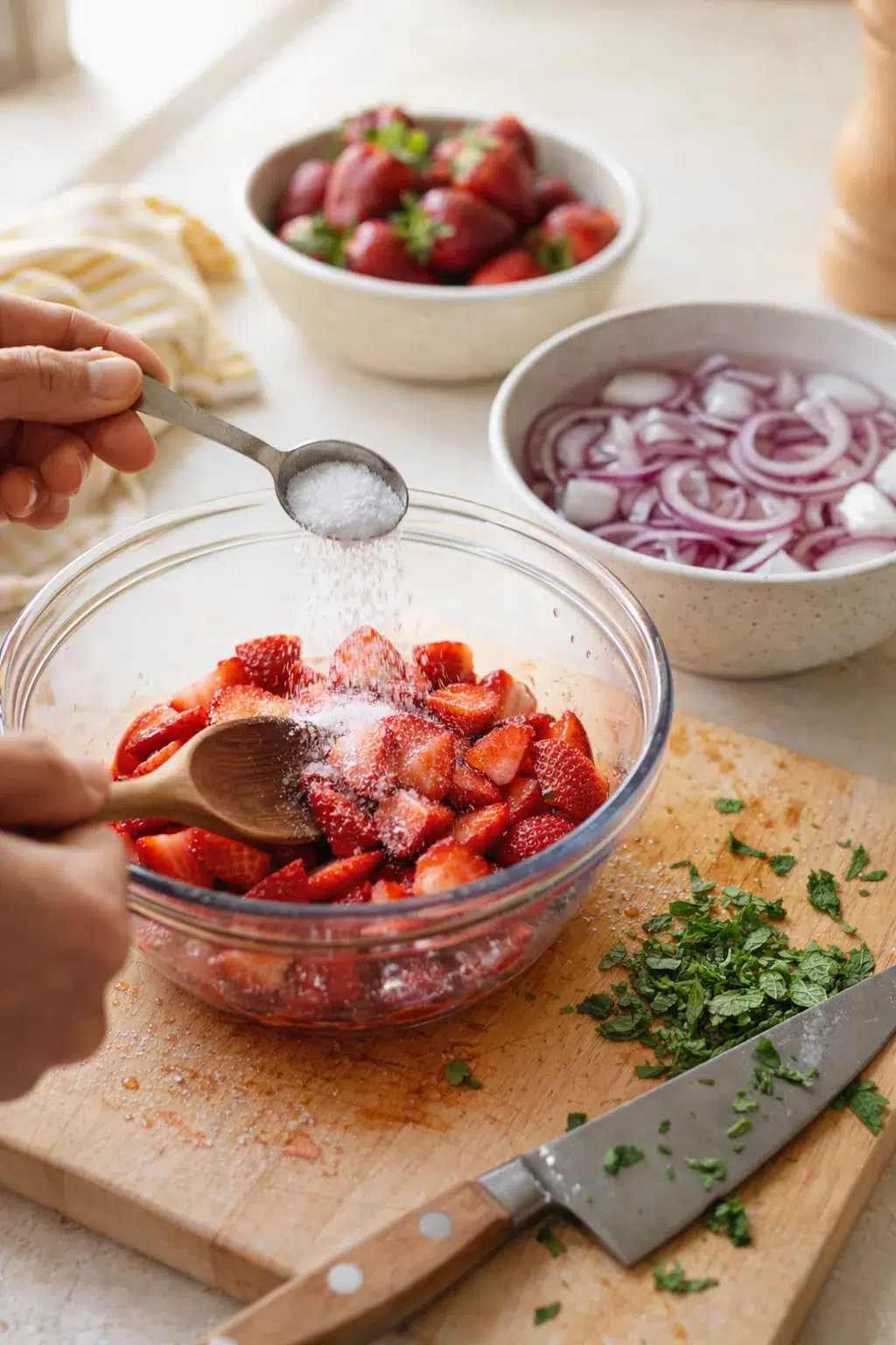Hands sprinkle sugar over sliced strawberries in a glass bowl on a wooden cutting board.