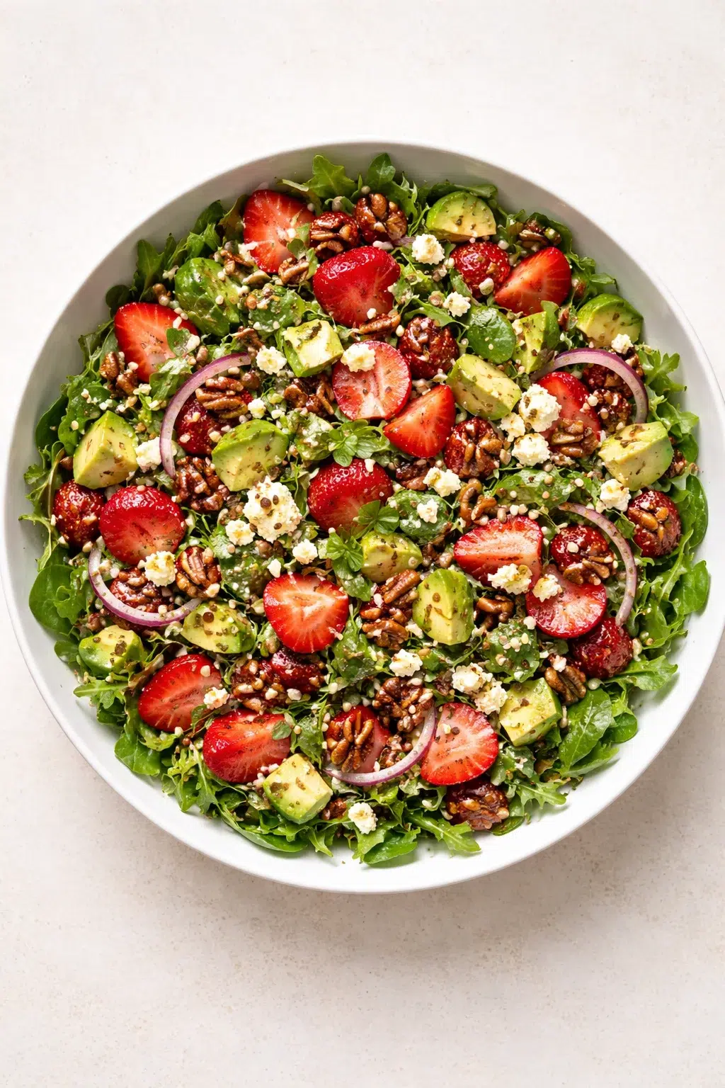 Top-down view of a vibrant mixed-greens salad with strawberries, avocado, red onion, nuts, and feta in a white bowl.