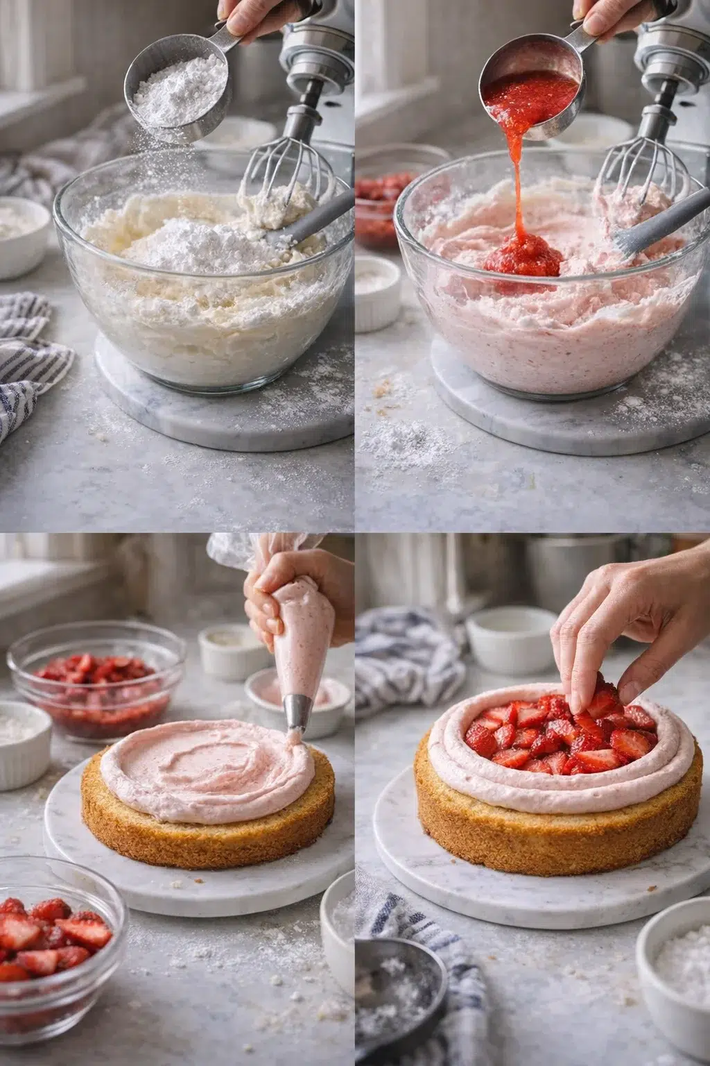 Four-panel collage showing batter, strawberry sauce, piping pink frosting, and strawberries on cake.