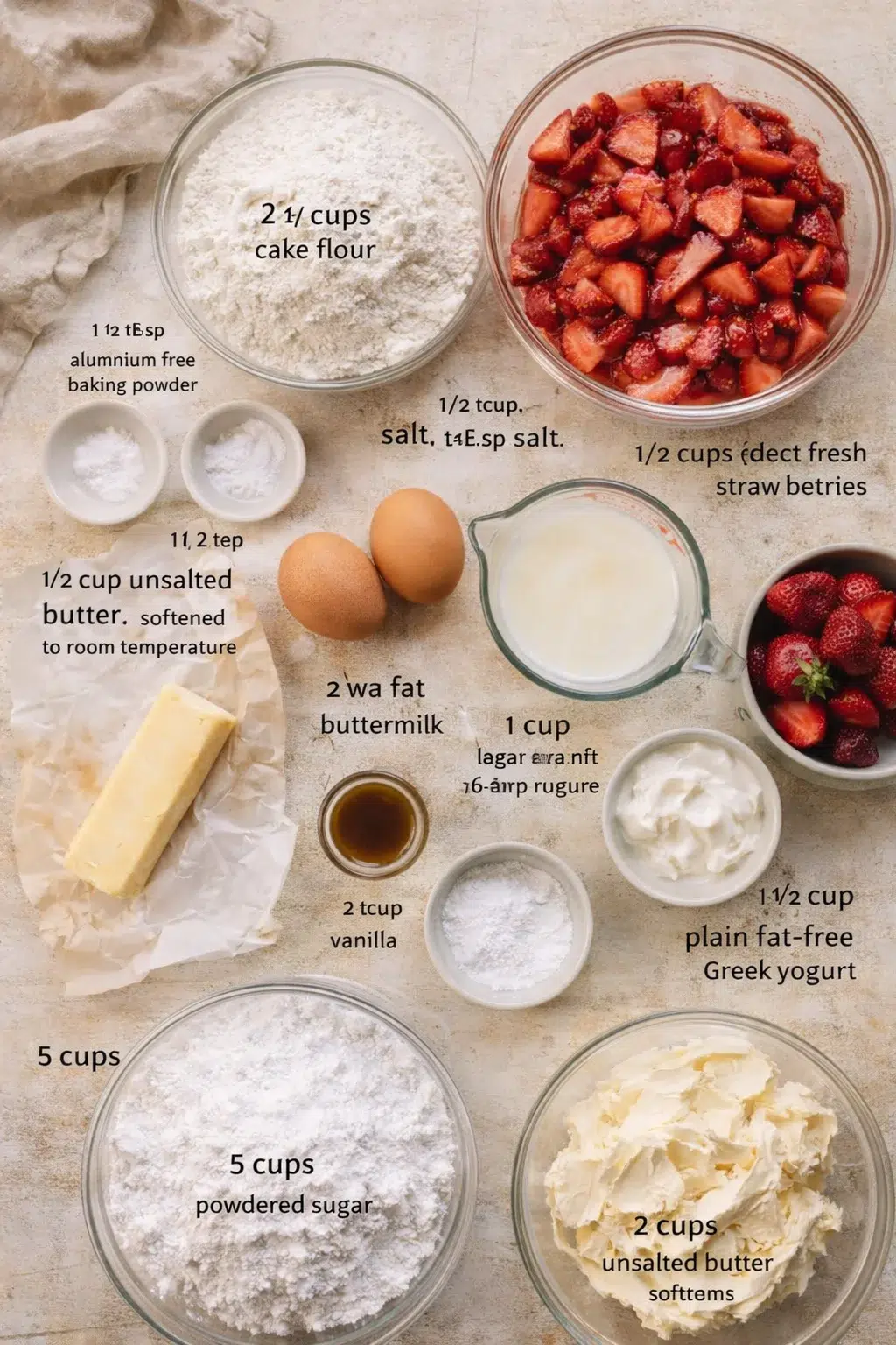 top-down view of strawberry cake ingredients arranged in bowls and on parchment, with labeled measurements.
