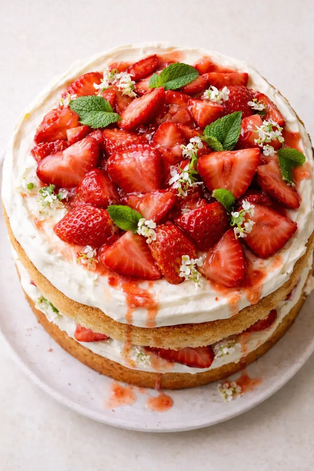 Two-layer sponge cake with whipped cream and sliced strawberries on top, garnished with mint leaves and small white flowers.