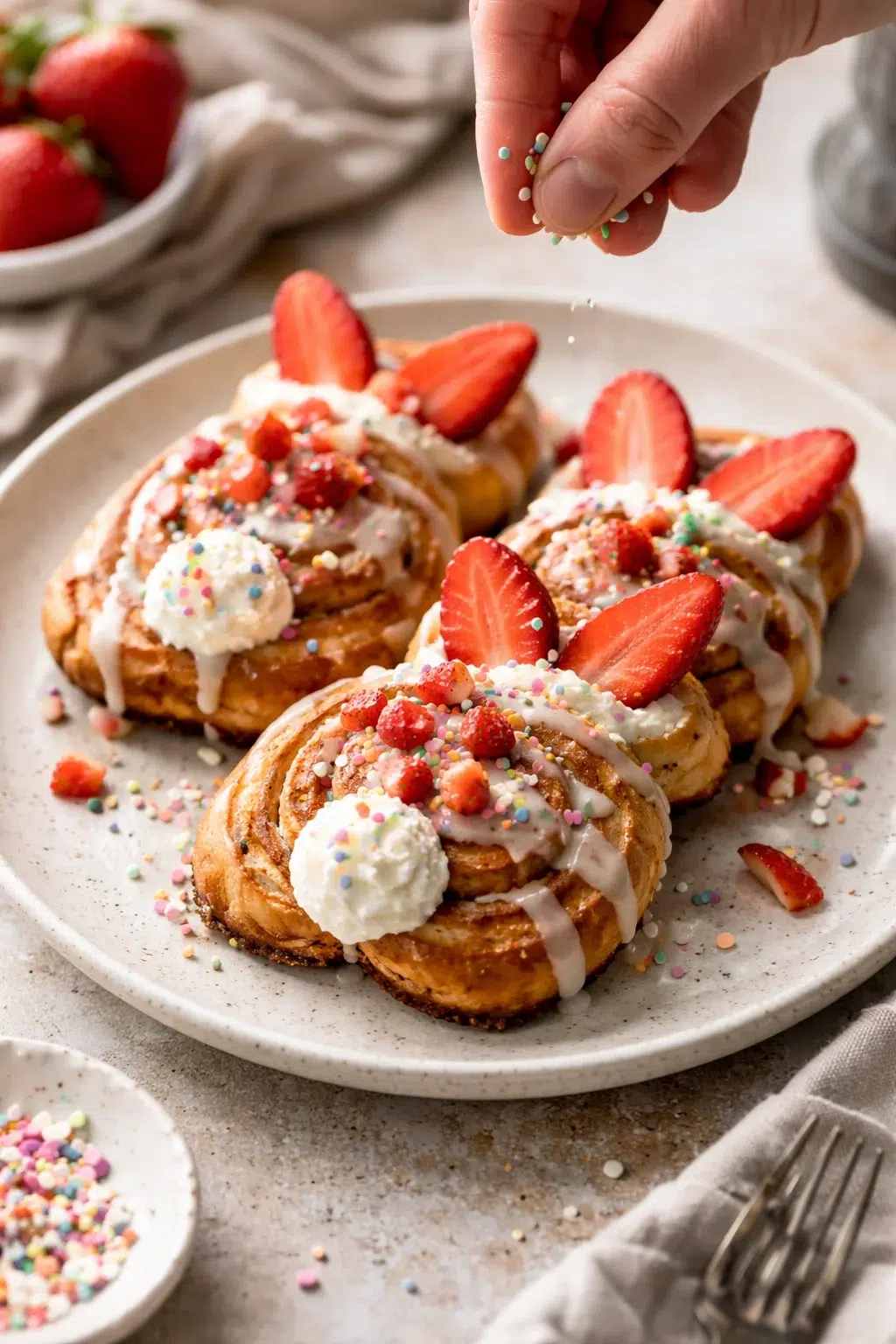 Three cinnamon-roll pastries with white glaze, sliced strawberries, and pastel sprinkles on a speckled beige plate.
