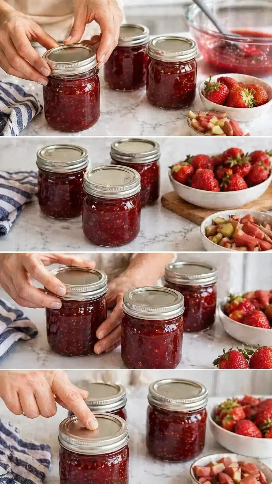 Hands seal jars of bright strawberry jam on a marble kitchen counter, with bowls of berries nearby.