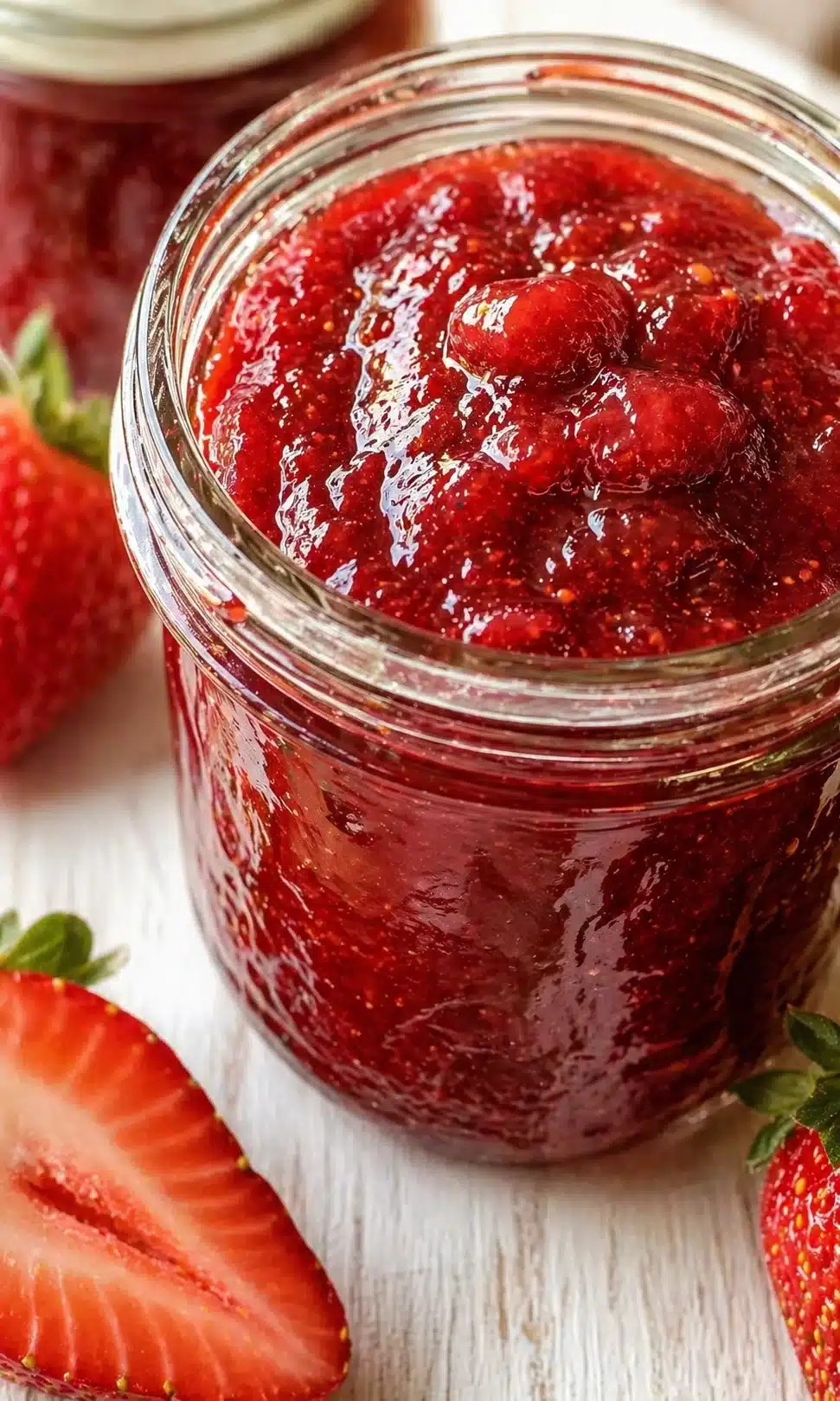 Close-up of glossy strawberry jam in a glass jar with sliced strawberries nearby