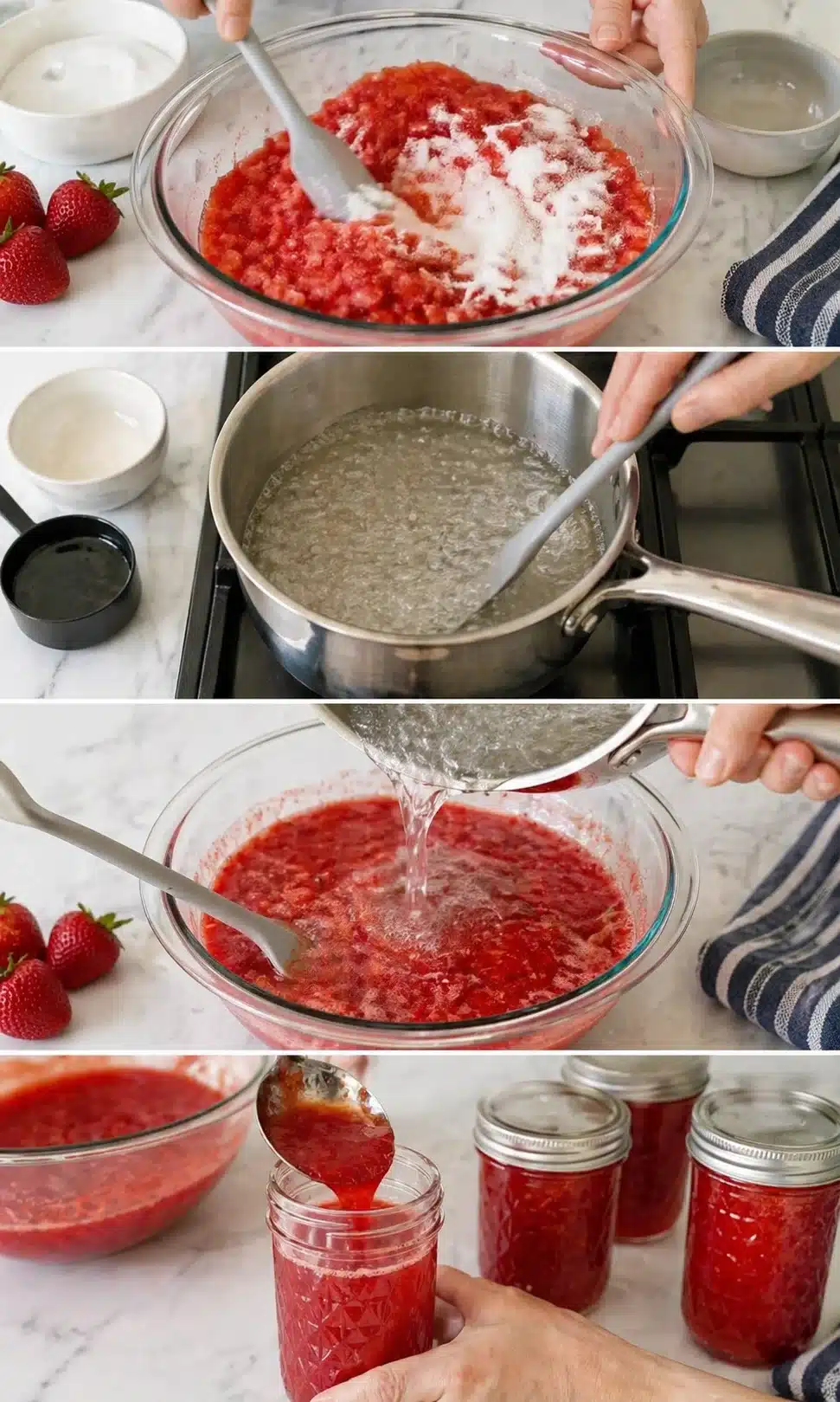 Four-panel collage showing strawberry jam making: crushed berries with sugar, boiling, mixing, and jar filling.