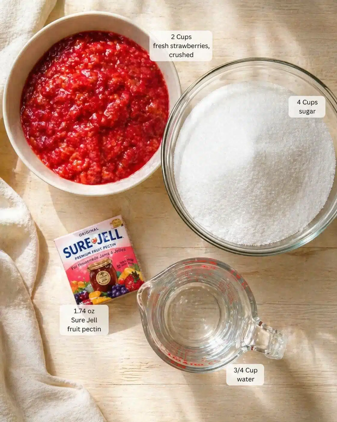 Overhead view of strawberry jam ingredients: crushed strawberries, sugar, pectin, and water on a light wooden table.