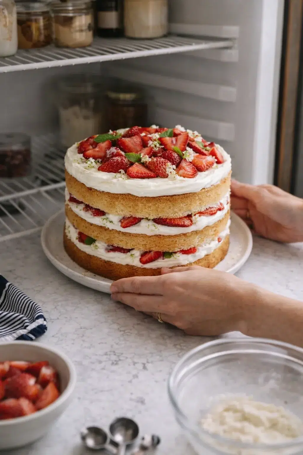 three-layer vanilla cake filled with strawberry cream, topped with fresh berries on a plate