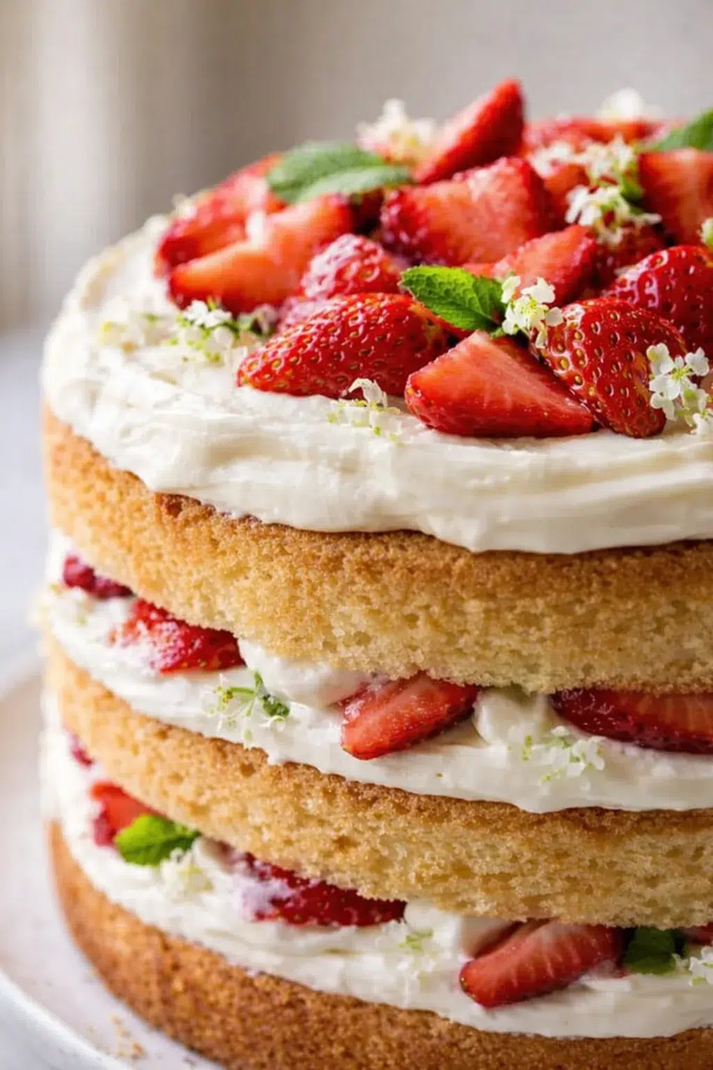 Close-up of a three-layer strawberry cake with white cream between layers and fresh strawberries on top.