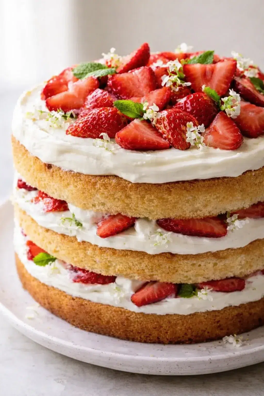 three-tier sponge cake with cream filling and fresh strawberries on top