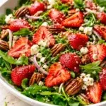 bowl of fresh arugula salad with strawberries, feta, pecans, and red onions