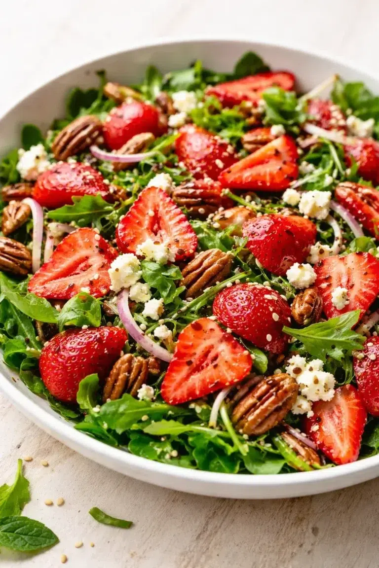 bowl of fresh arugula salad with strawberries, feta, pecans, and red onions