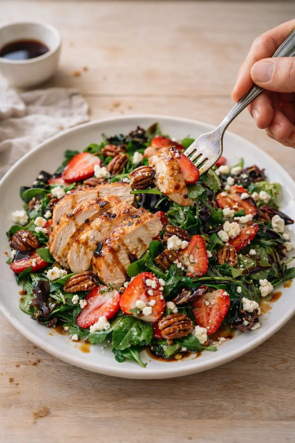 strawberry feta salad: plated salad with sliced grilled chicken, strawberries, greens, feta, pecans, and balsamic glaze.