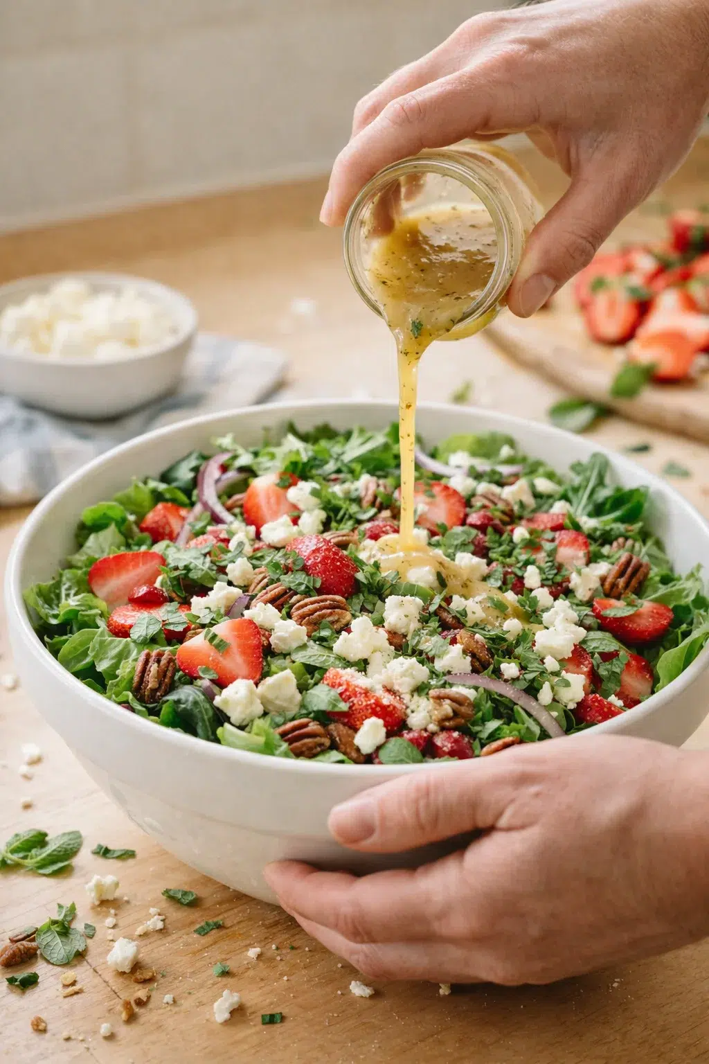 Close-up of hands pouring creamy dressing over a strawberry-pecan salad in a white bowl.