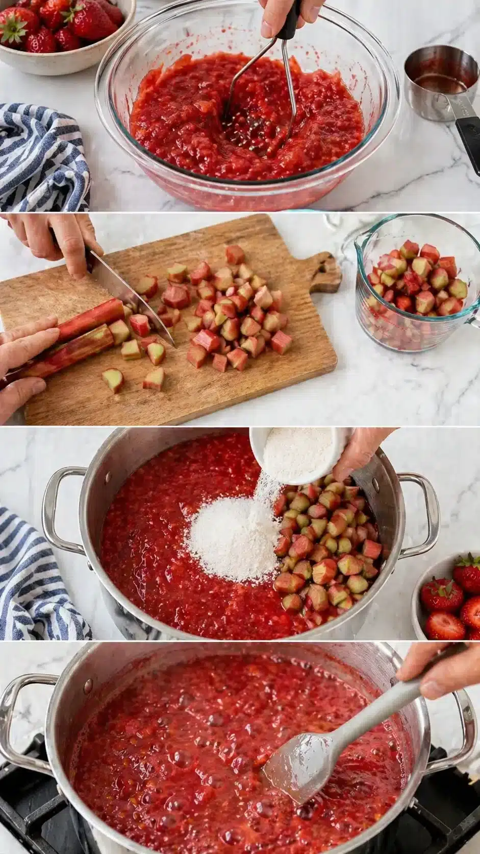 Collage of step-by-step strawberry-rhubarb compote: mashed berries, chopped rhubarb, sugar addition.