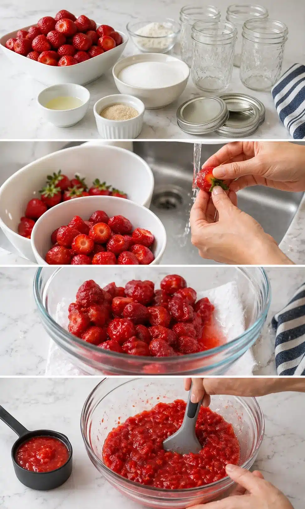 collage of strawberry-prep steps: washing berries, measuring ingredients, and making strawberry sauce