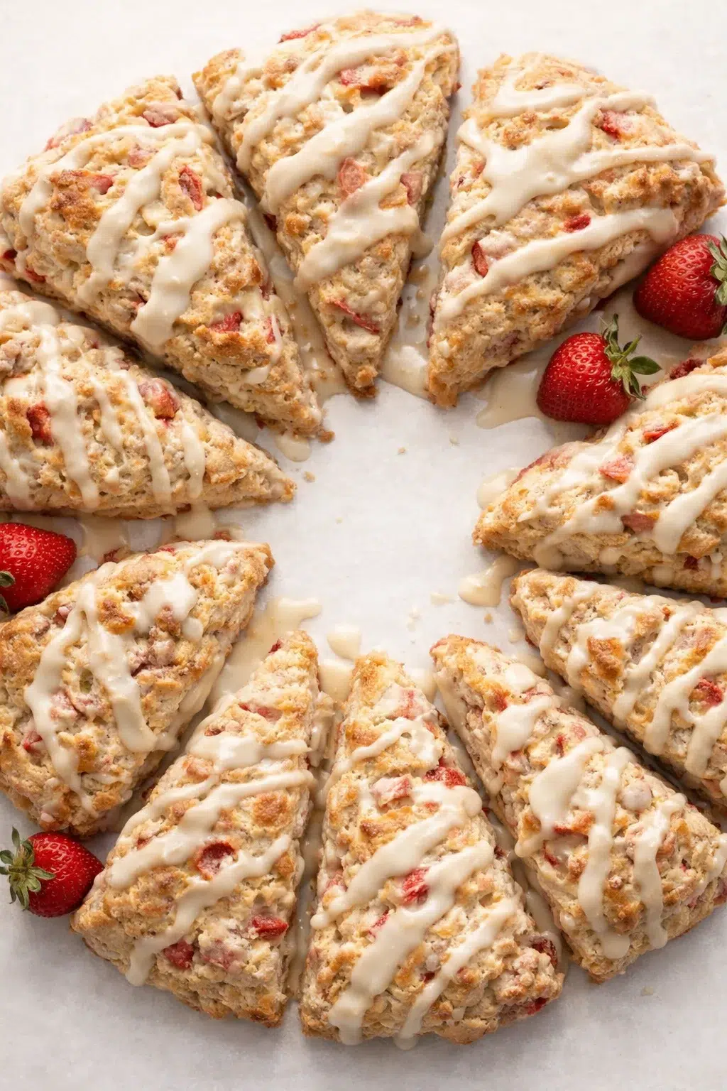 Triangular strawberry scones arranged in a circle with white glaze and fresh strawberries.
