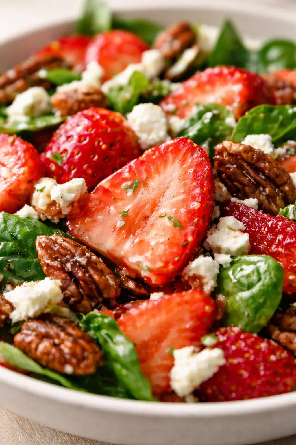 Close-up of a strawberry spinach salad with feta and pecans in a white bowl