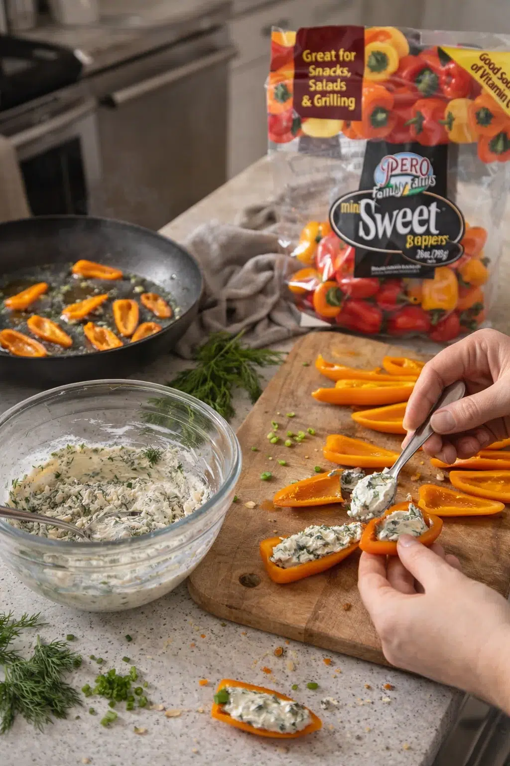 Hands fill orange bell pepper halves with herbed cheese mixture on a cutting board.