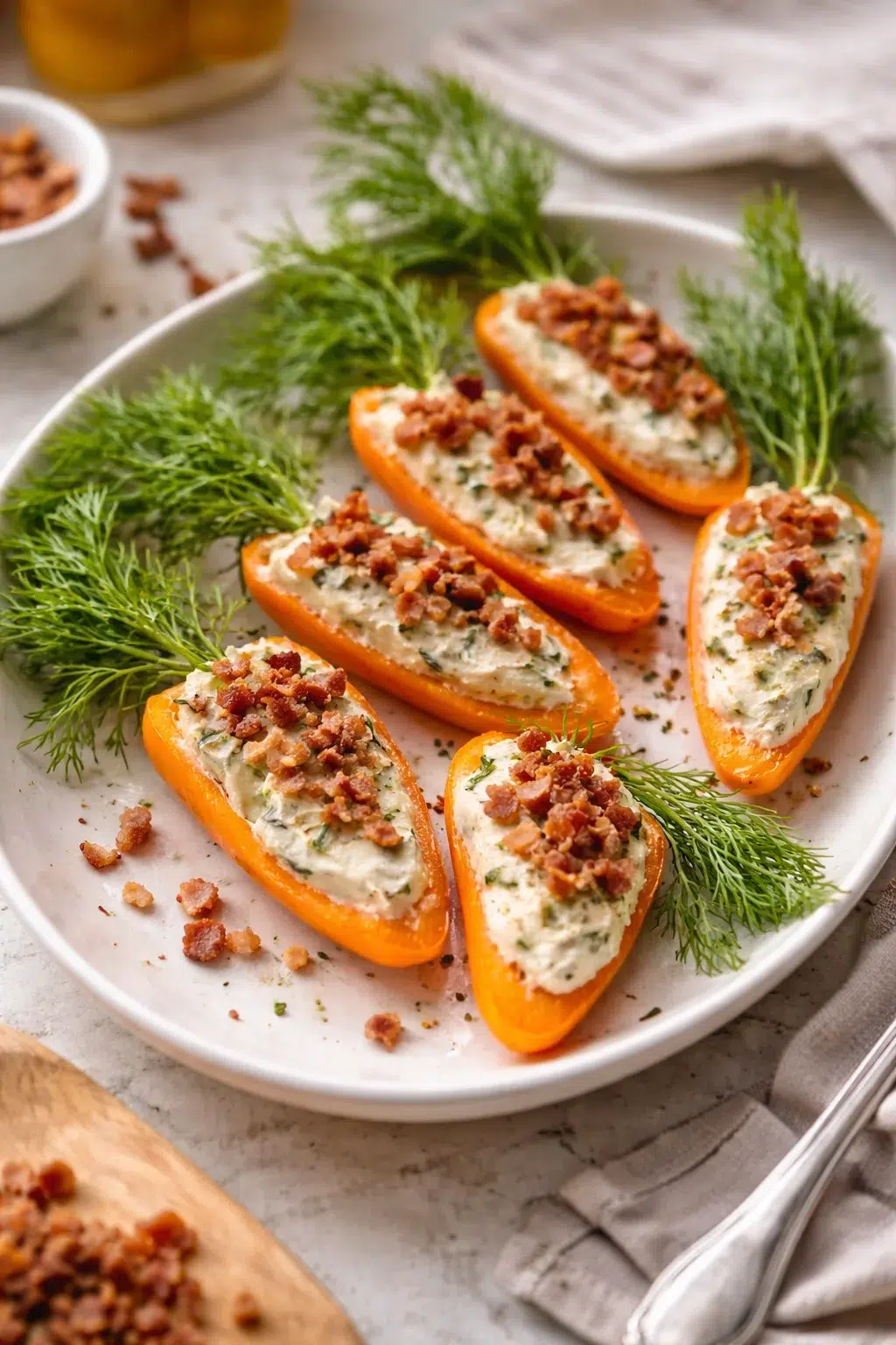 orange bell pepper halves filled with creamy herb filling and crumbled bacon on a white plate, garnished with dill