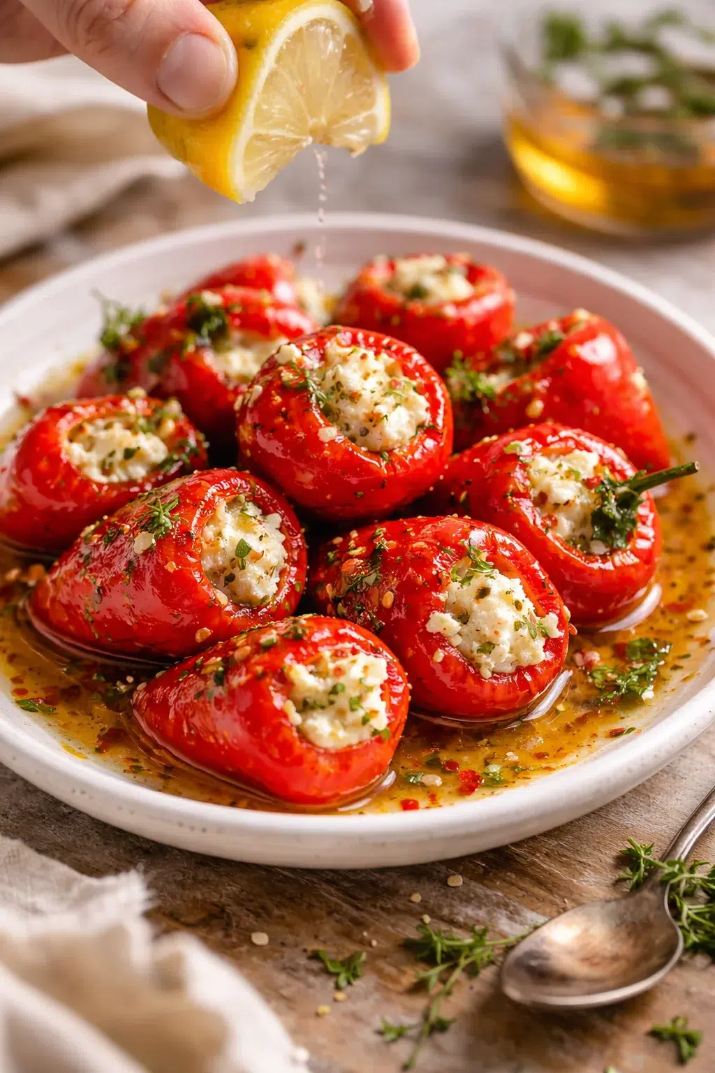 Bright red peppers stuffed with herb cheese, lemon drizzle, on rustic plate with oil.