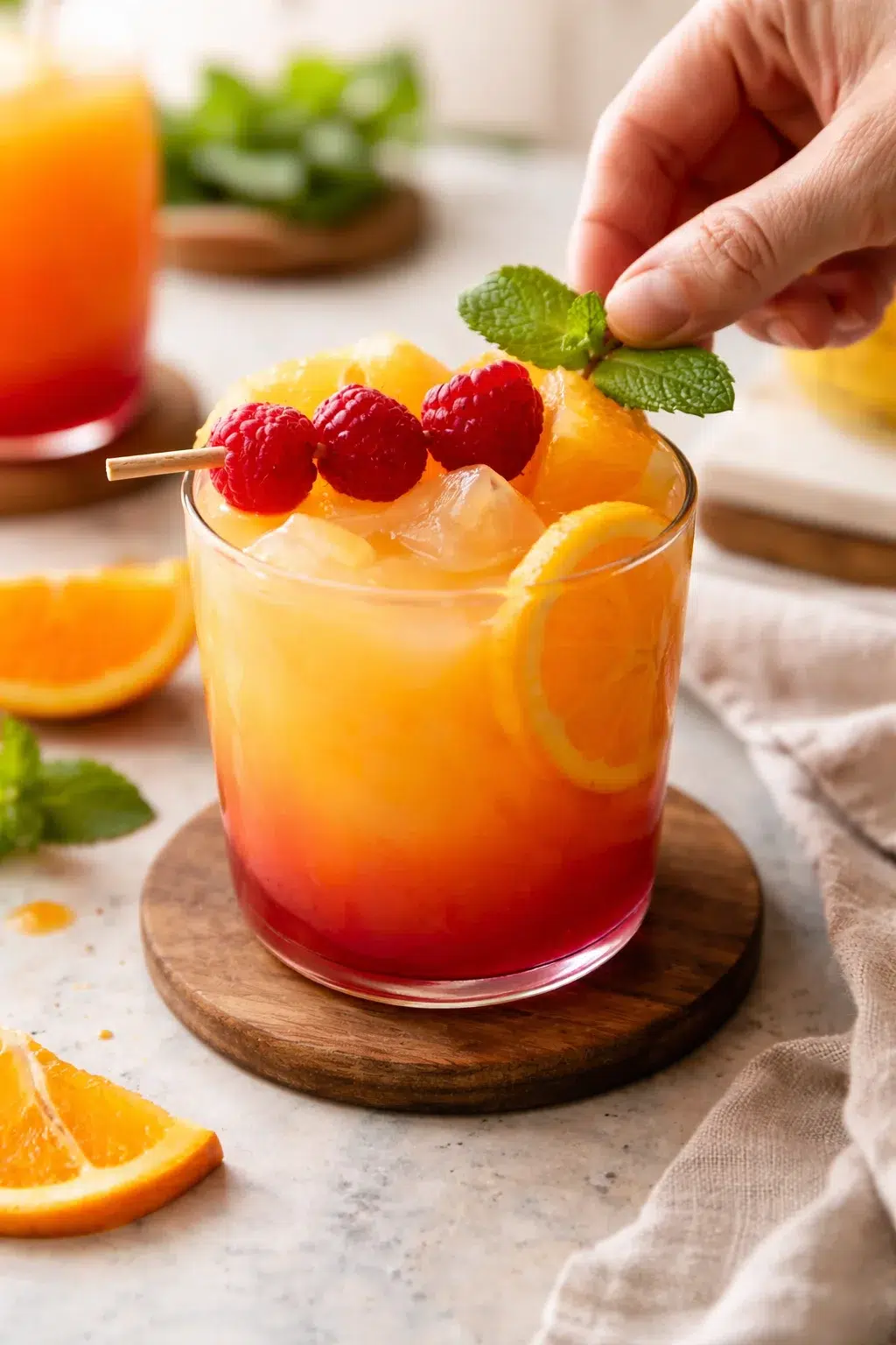 Layered sunrise citrus drink in a glass with ice, orange slice garnish, raspberries, and a mint sprig.