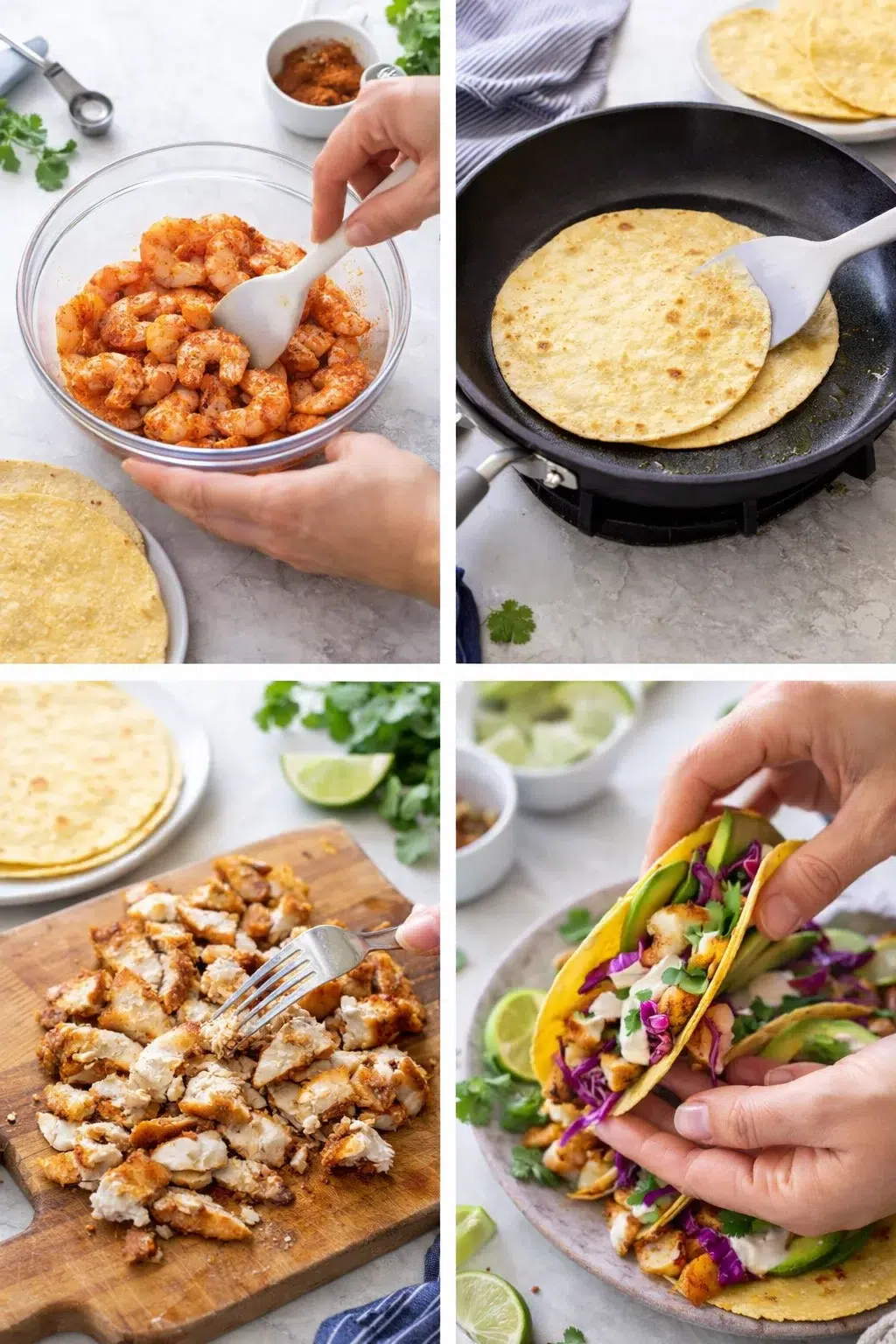 collage of cooking steps: marinated shrimp, sizzling tortillas, chopped chicken, and hands assembling tacos with slaw and lime.