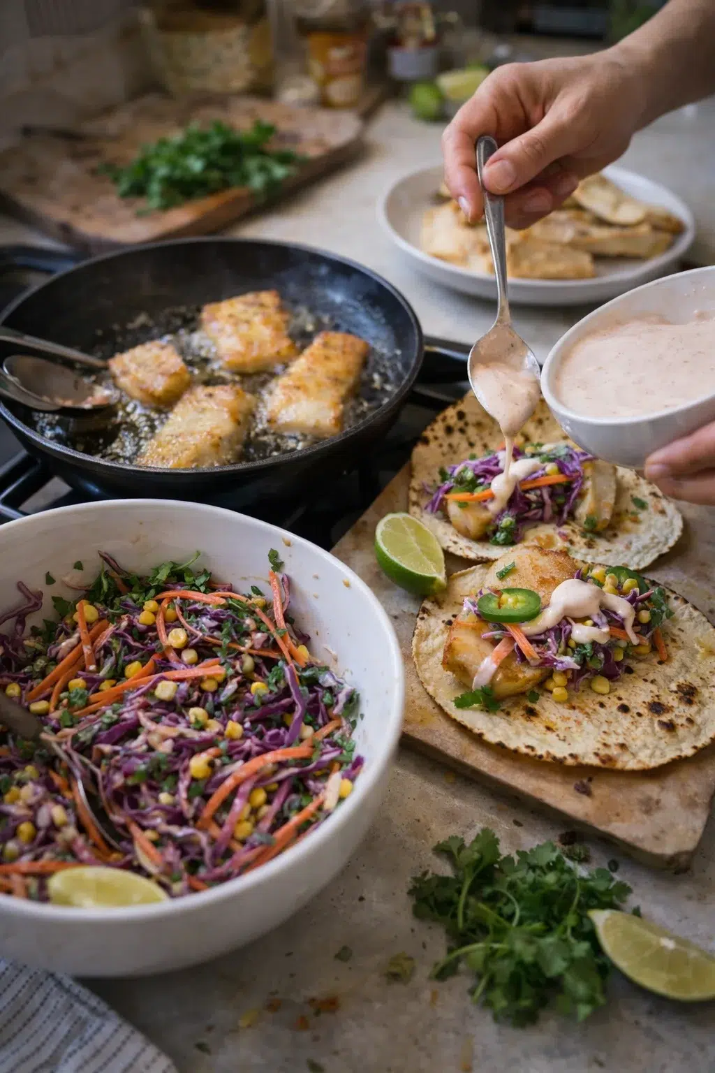 Hand drizzling creamy sauce onto a fish taco next to a colorful slaw bowl.