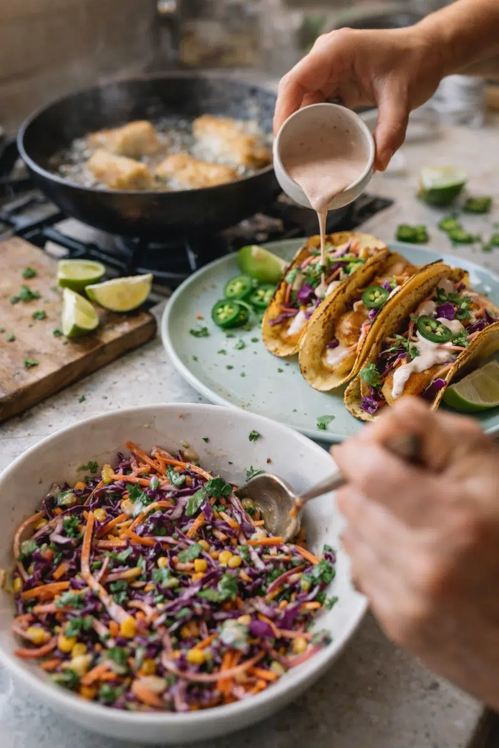 A hand pours pink crema over crispy tacos on a blue plate, with a colorful slaw bowl nearby.