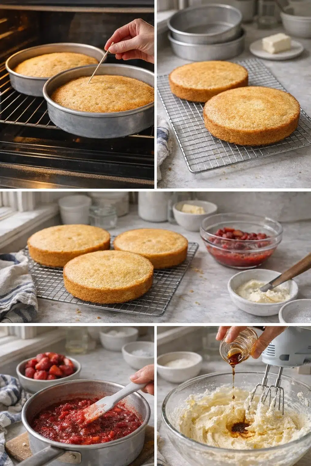 Collage of cake-making steps: baking sponge rounds in pans, cooling on a rack, assembling with strawberry filling and whipped cream.