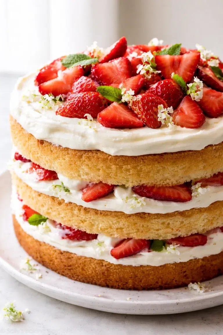 three-layer vanilla sponge cake with cream filling, topped with sliced strawberries, mint leaves, and small white blossoms.