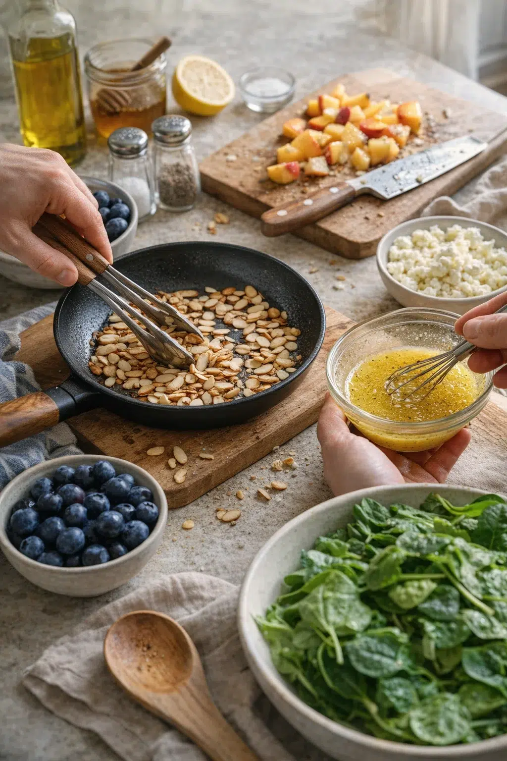 hands toasting sliced almonds in a skillet while whisking a yellow dressing, with greens and chopped fruit nearby