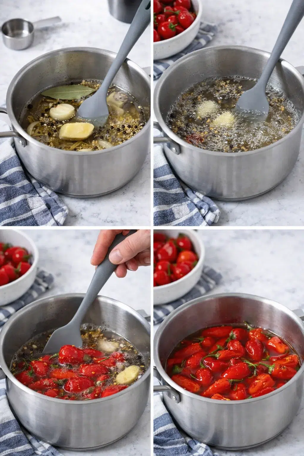 collage shows a pot simmering with aromatics, then cherry tomatoes are added for a tomato sauce.