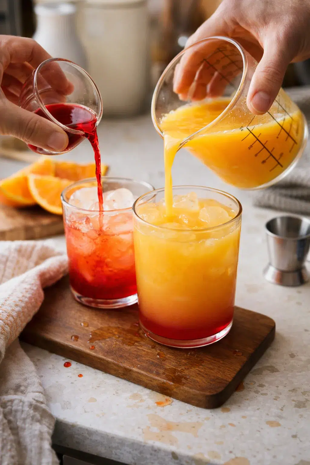 Two hands pour red and orange juice into ice-filled glasses on a wooden cutting board.