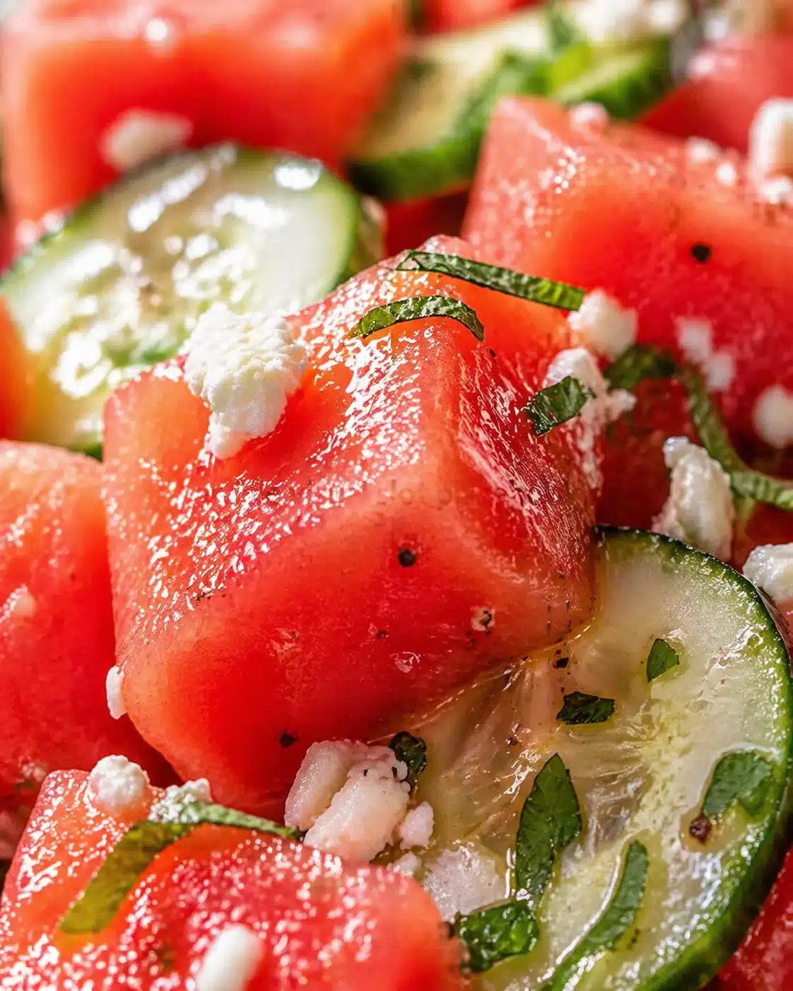 Close-up of watermelon cubes, cucumber rounds, mint leaves, and feta crumbles in a vibrant summer salad.