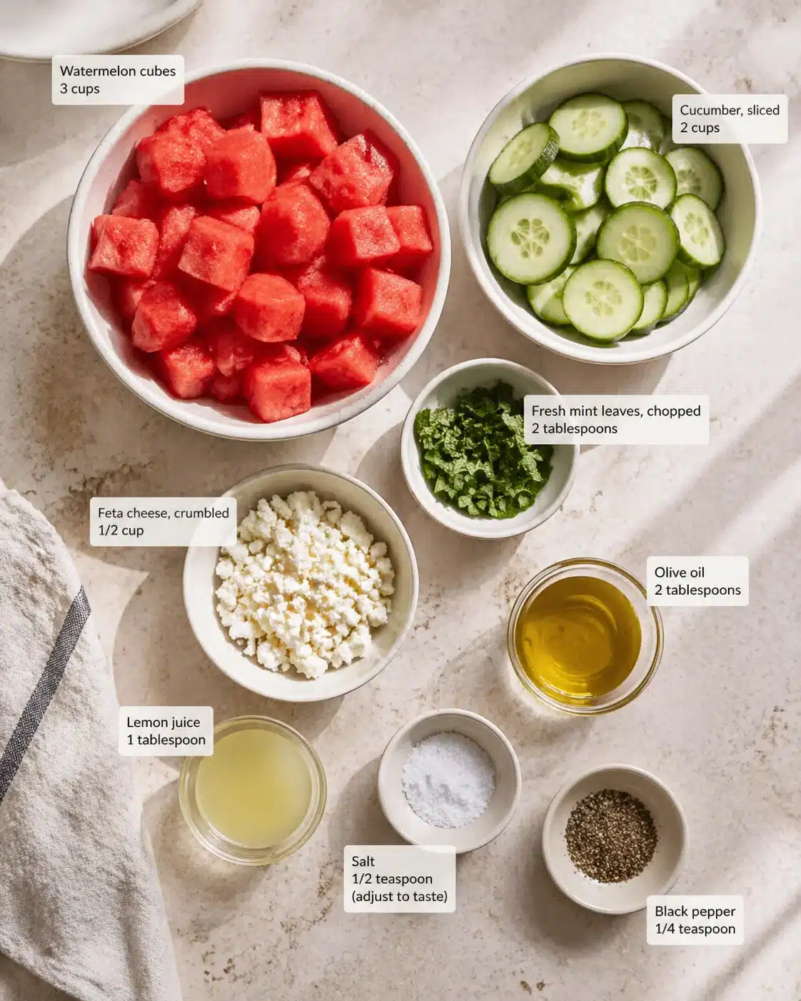 Overhead view of bowls with watermelon cubes, cucumber slices, feta, and mint on a light countertop