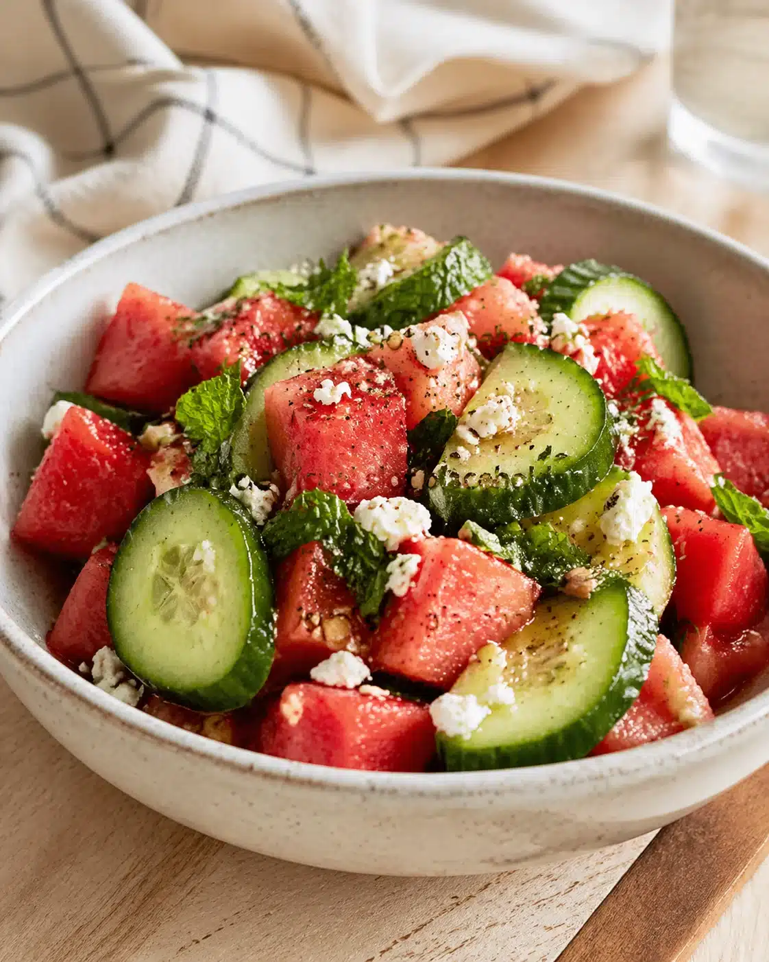 Watermelon cubes, cucumber slices, feta crumbles, and fresh mint in a light ceramic bowl.