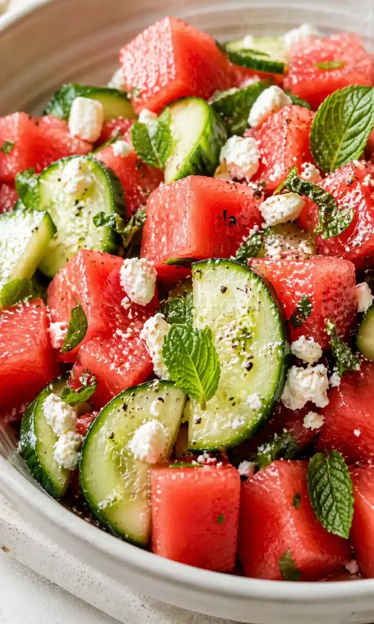 Bright bowl of watermelon cubes, cucumber slices, feta crumbles, and fresh mint.