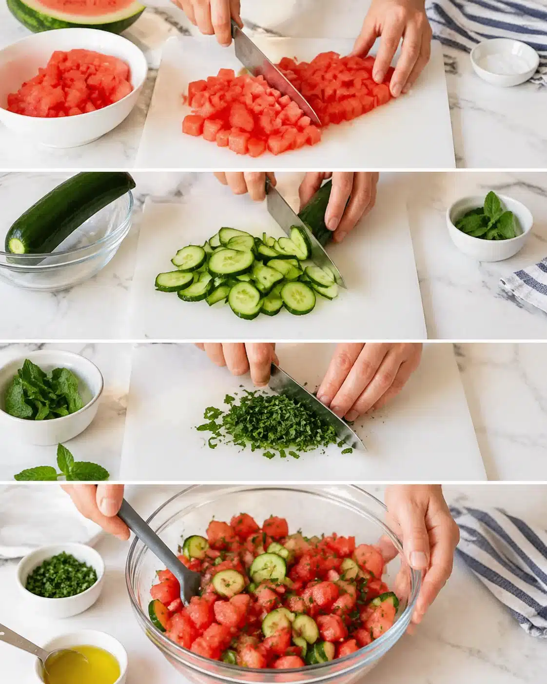Hands chopping watermelon on a white cutting board, then slicing cucumbers for a fresh salad.