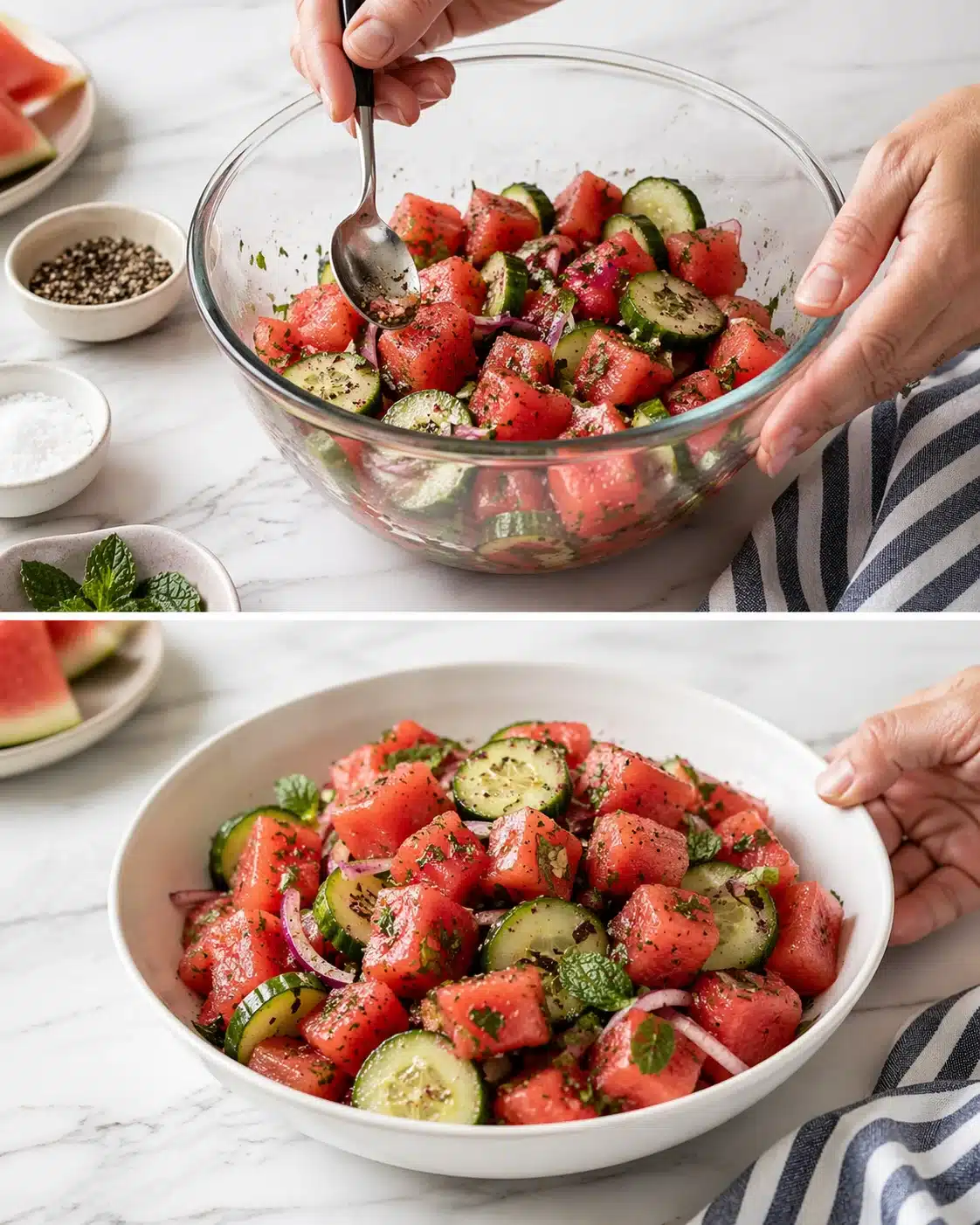 Hands mix watermelon-cucumber salad in a glass bowl, with red onion and fresh herbs