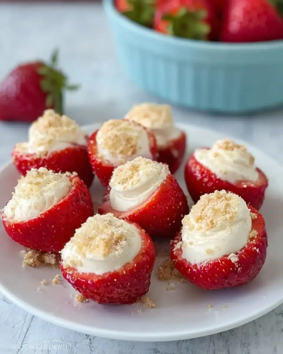 A white plate holds several bright red strawberries, each cut in half, hollowed out, and filled with a creamy white filling. The filling is smooth and slightly swirled, topped with a light dusting of fine beige crumbs. The strawberries are shiny and fresh, arranged close together but not touching. In the background, there is a blurred light blue bowl filled with more whole strawberries on a white marbled surface. The image is close-up, showing texture details on the strawberries and the creamy filling, with soft natural light. photo taken with an iphone --ar 4:5 --v 7