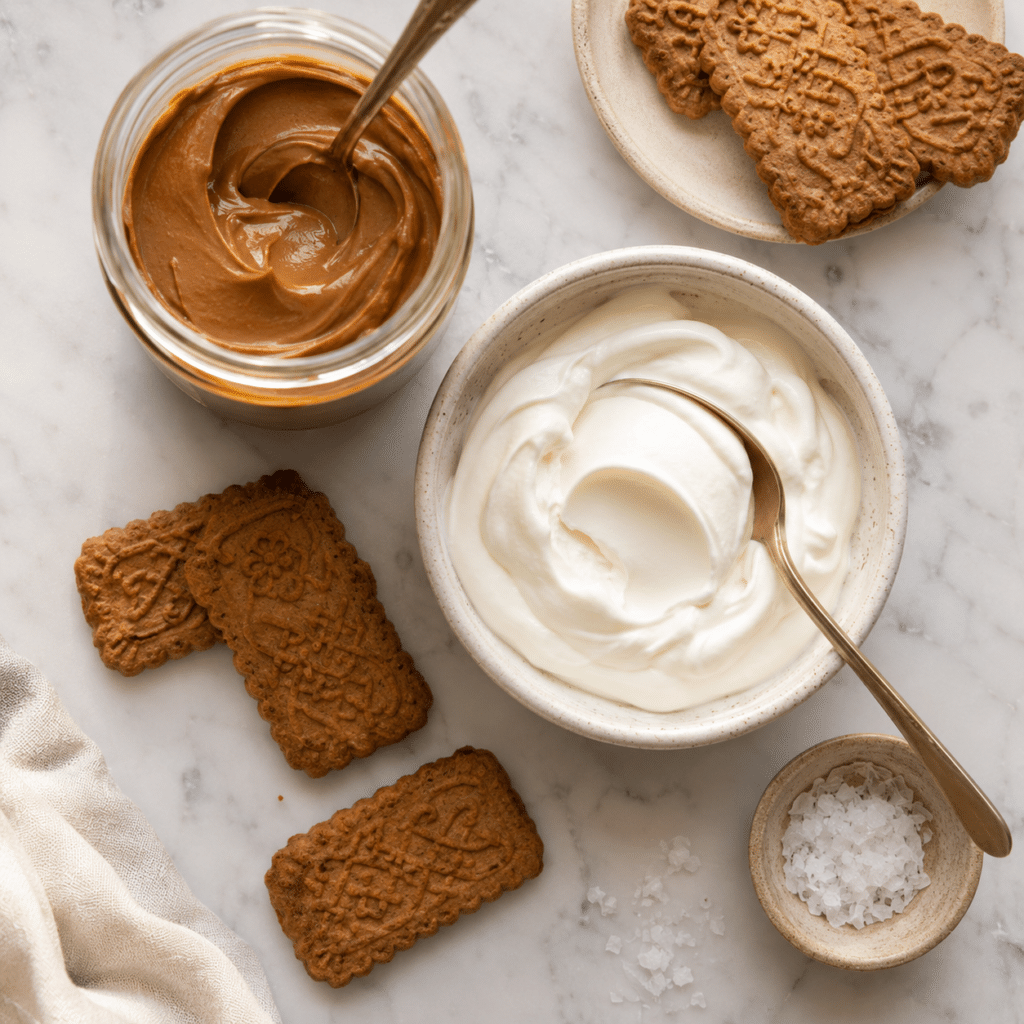 Flat-lay of Biscoff cookie butter, Greek yogurt, speculoos cookies, and flaky sea salt on a white marble countertop.