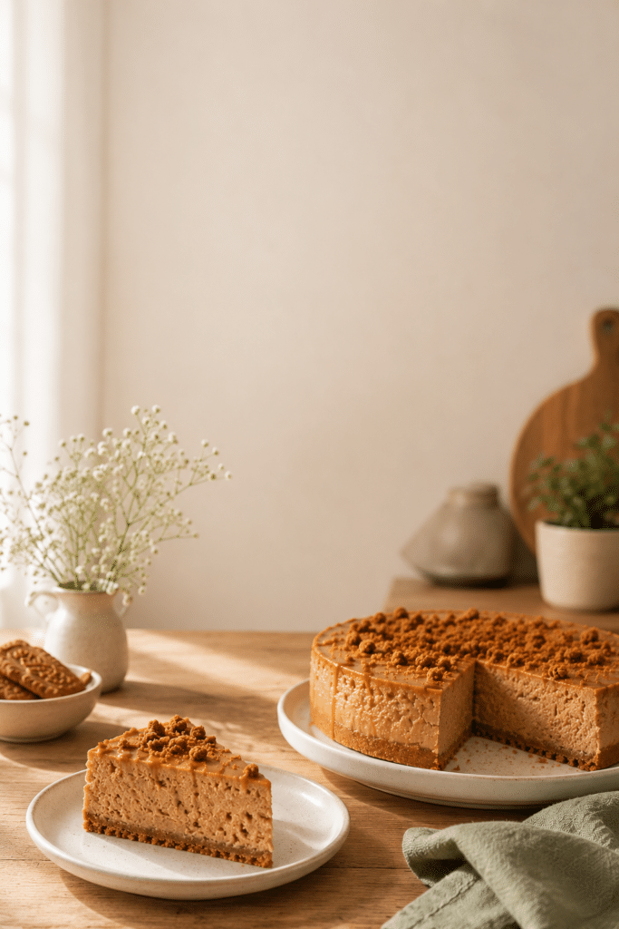 Vertical Pinterest-style photo of a slice of Biscoff cheesecake beside the whole cake in a cozy bright kitchen with soft morning light.