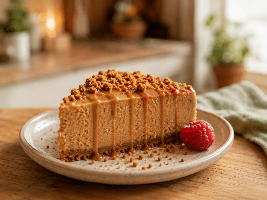 2-ingredient biscoff cheesecake: Close-up slice of fluffy Biscoff cheesecake drizzled with cookie butter and topped with crushed cookies and a fresh raspberry.