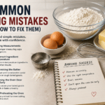 common baking mistakes with baking ingredients and tips infographic