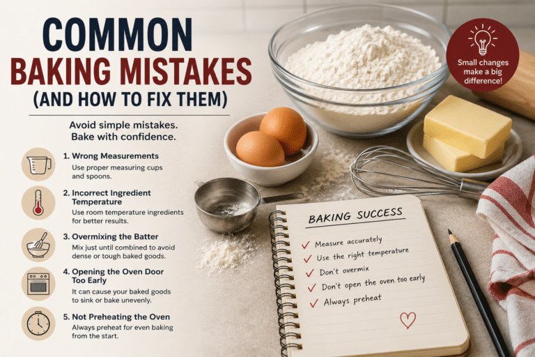 common baking mistakes with baking ingredients and tips infographic