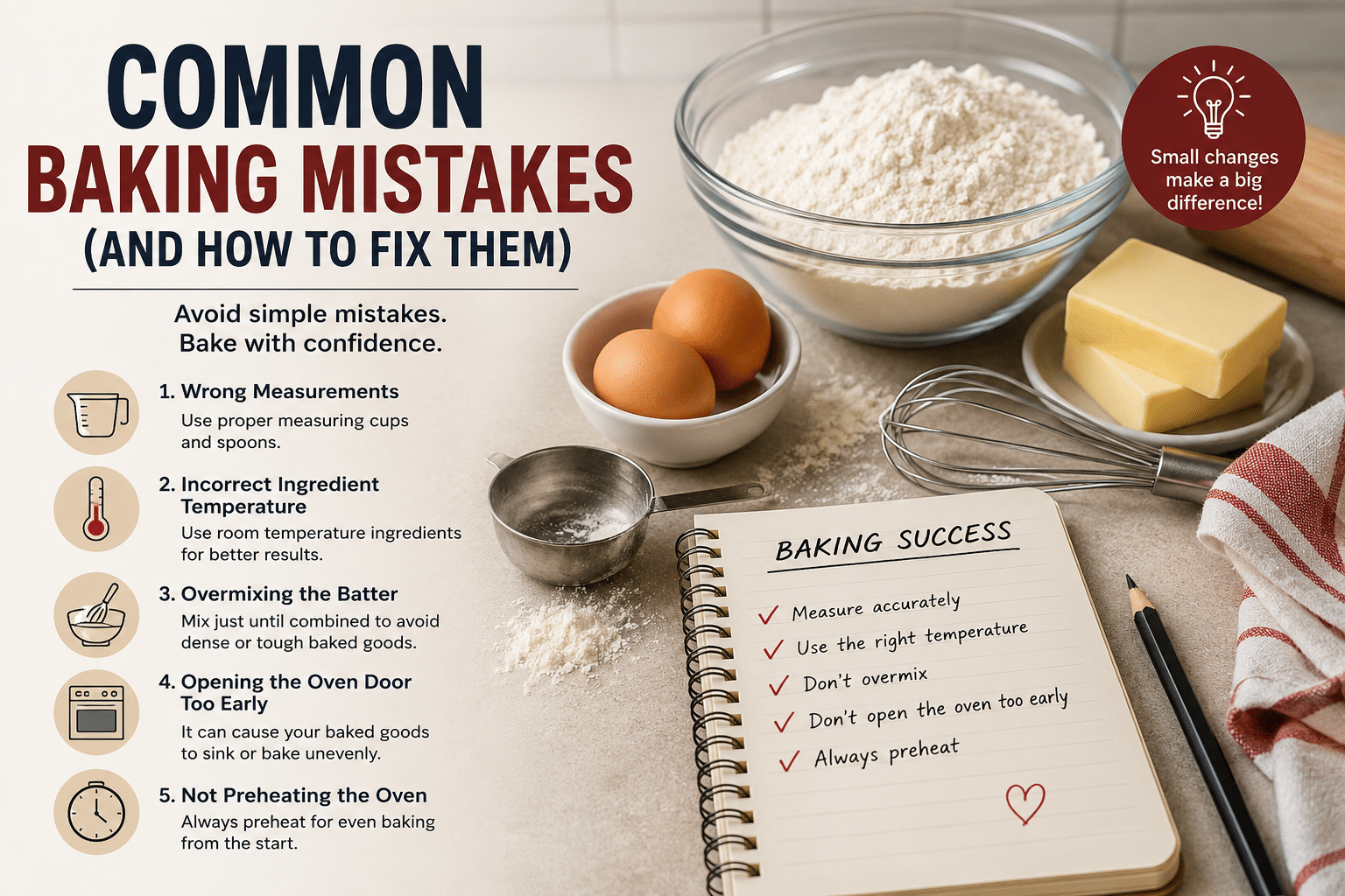 common baking mistakes with baking ingredients and tips infographic