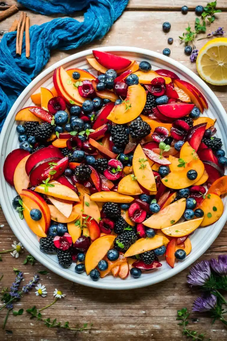 Fresh mixed berry and peach fruit salad in a white serving dish, perfect for healthy summer recipes.