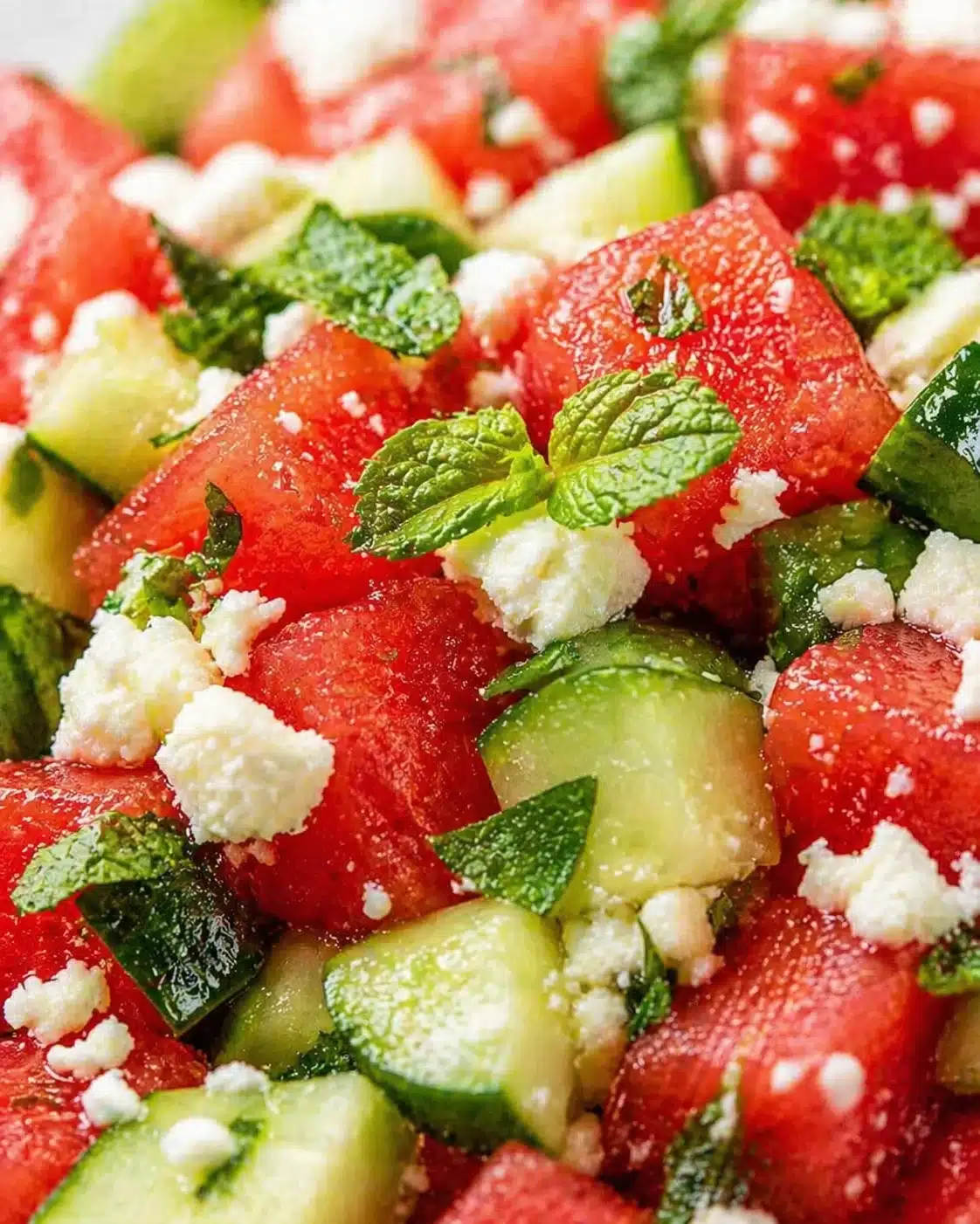 Tight detail shot of Watermelon Salad with Feta, Cucumber and Mint | The Mediterranean Dish highlighting texture